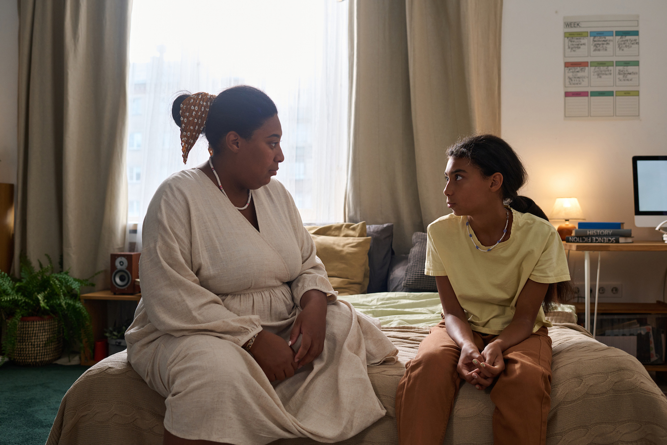 Mom and daughter talking