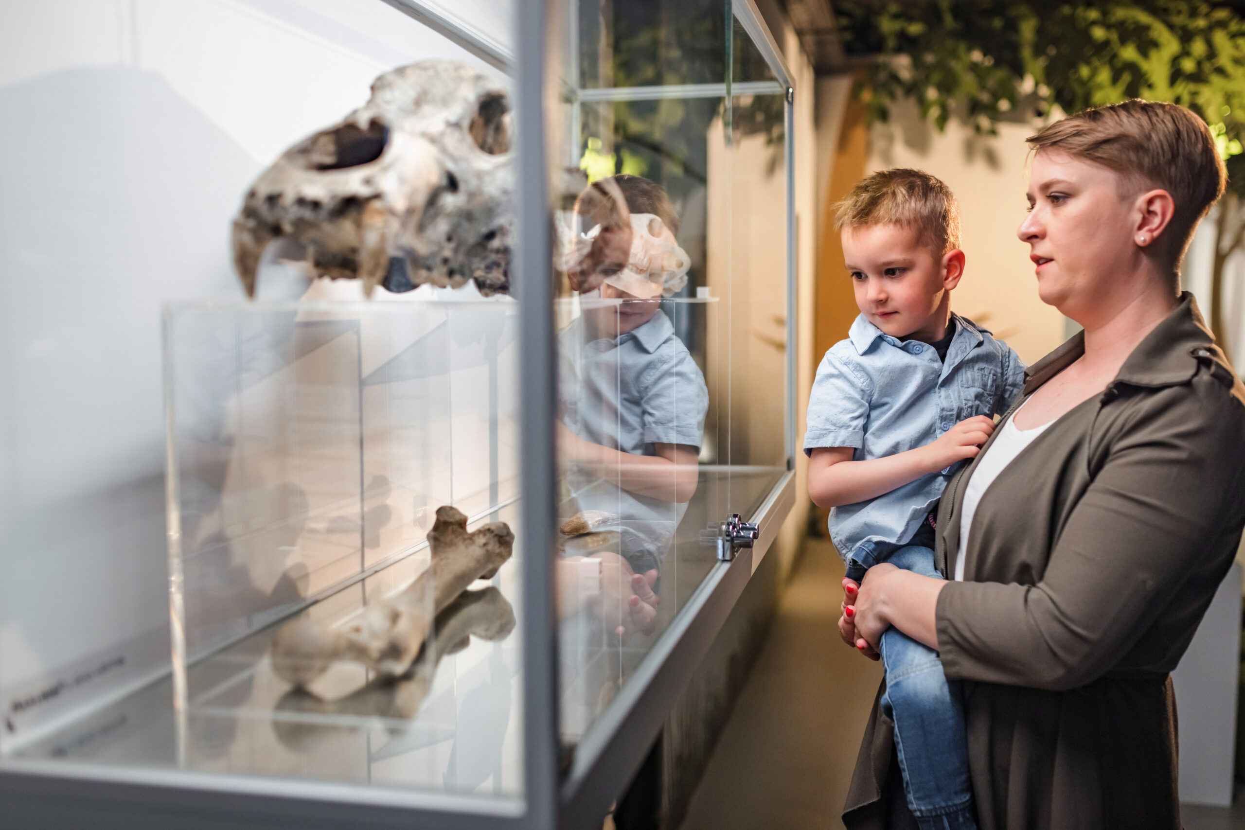 Little boy in his mothers arms in a natural history museum