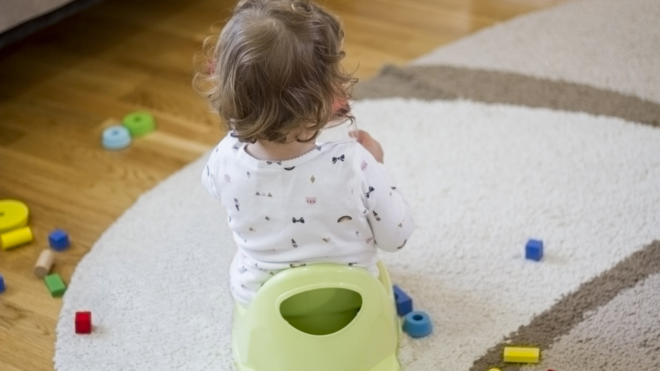 back of toddler's head while sitting on plastic potty