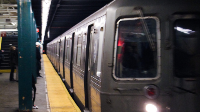 New York City subway train pulling into station